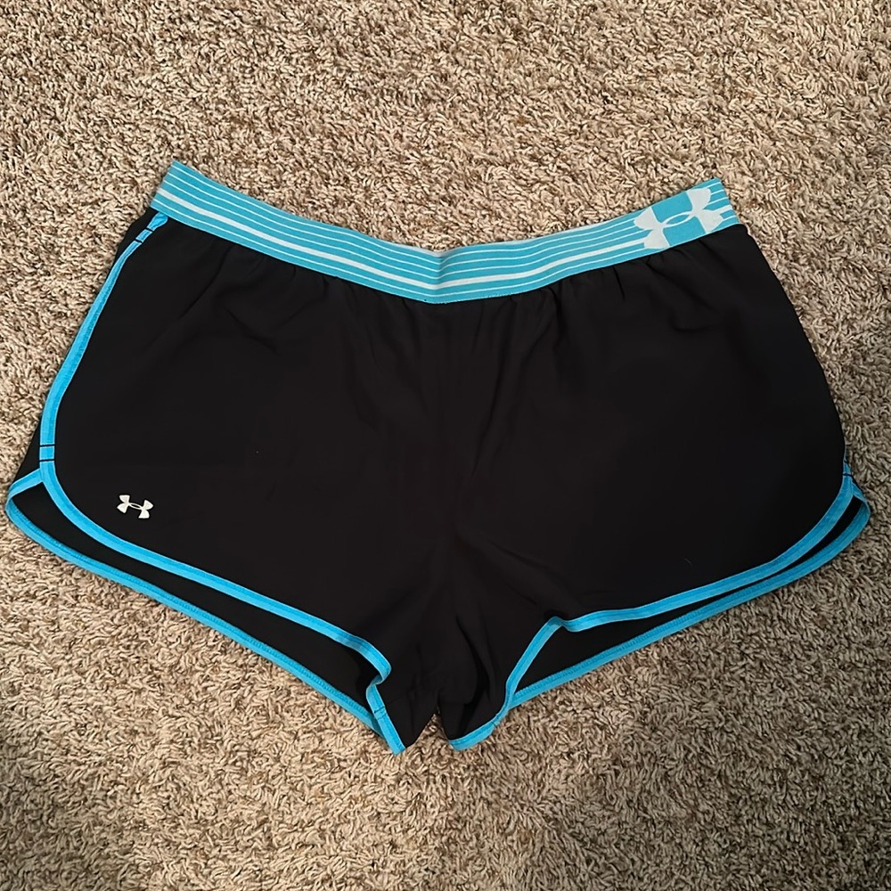 Under Armour Black with Blue accents athletic shorts NO LINER OR POCKETS